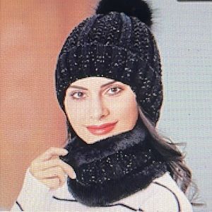 Pompom Beanie and Neck Warmer Black Metallic Blingy Hat Scarf NWT